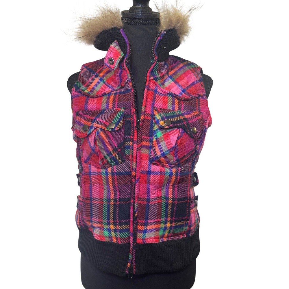 Vintage Alberto Makali Wool Down Puffer Vest Pink Plaid Fur Collar Small Y2K